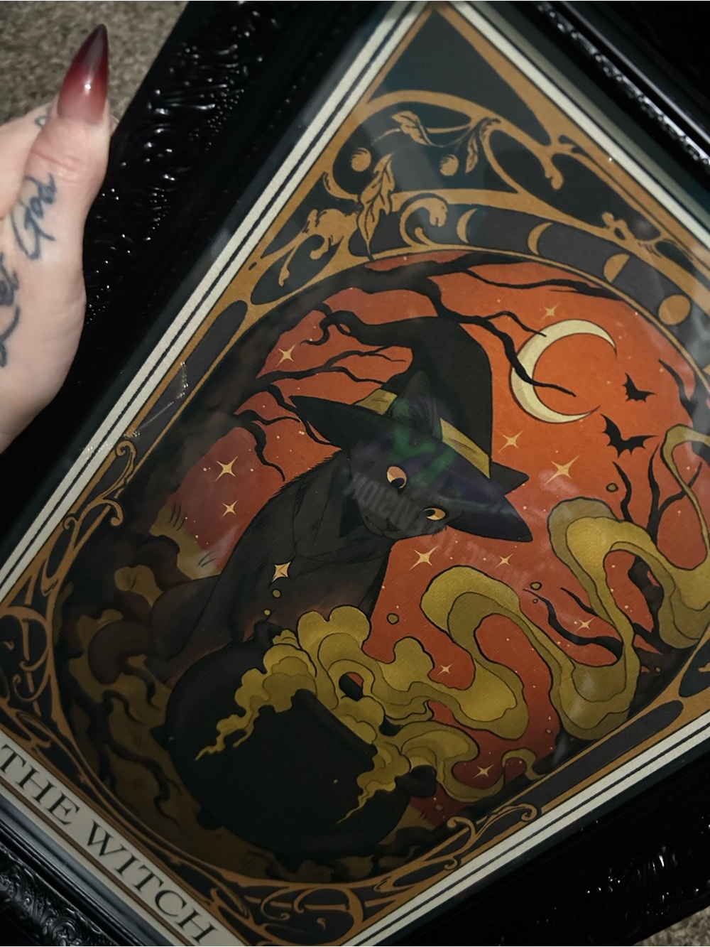 Black Cat Witch Art Print in Black, Orange & Gold by